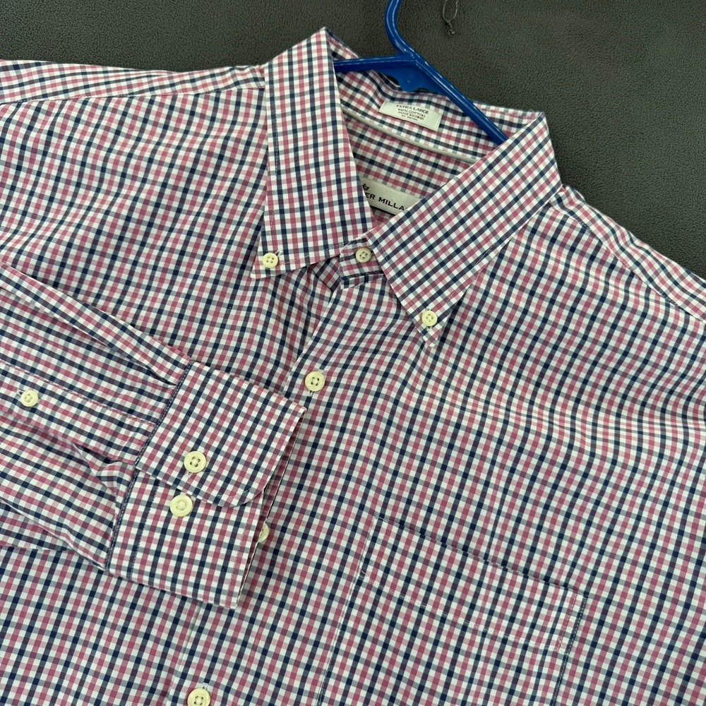 Peter Millar Mens XL Pink Navy Blue Gingham Check Cotton Button Down Shirt